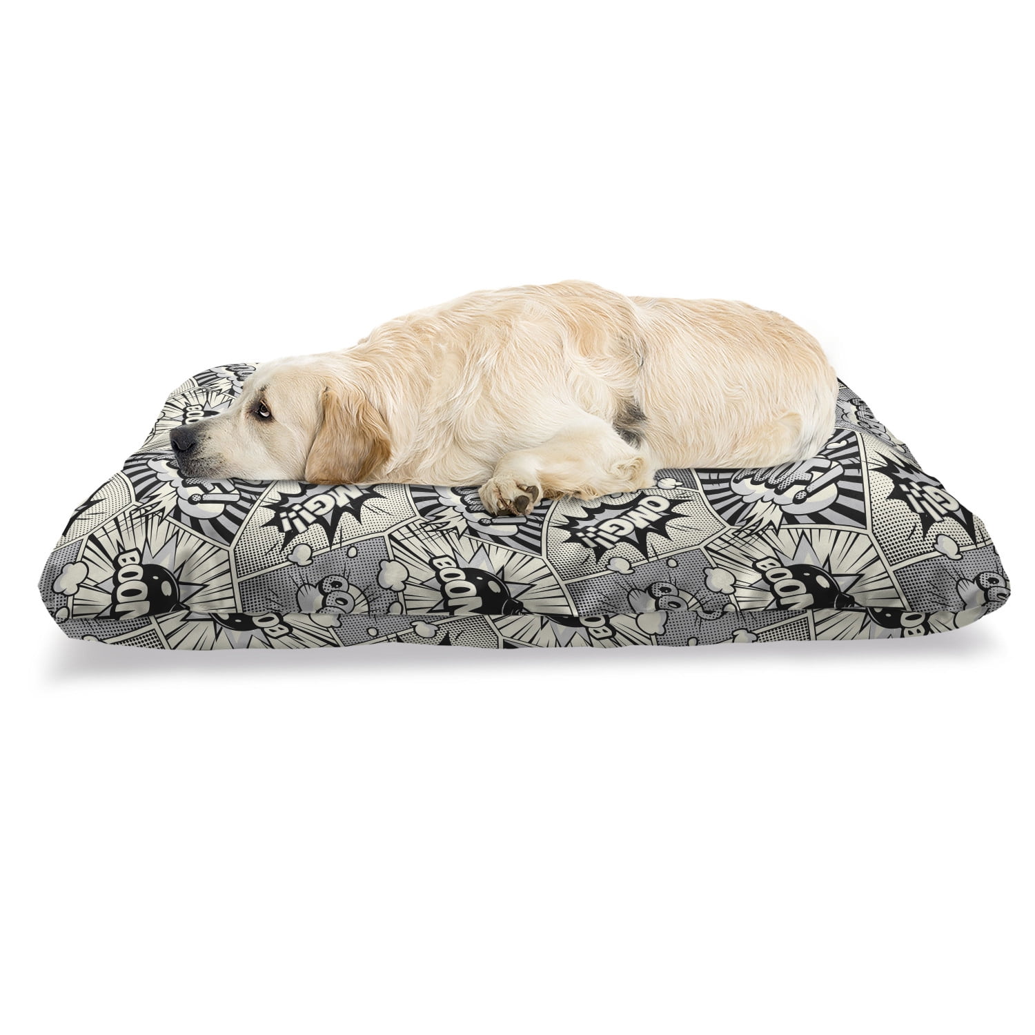 Comics Pet Bed, Bubbly Poof Boom Omg Bubbly Calligraphy Design in Clouds  Smoke Burst, Resistant Pad for Dogs and Cats Cushion with Removable Cover,  24" x 39", Dark Night Blue Eggshell, by