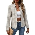 thumbnail image 4 of 2025 Fall Women's Tweed Plaid Blazer Jacket - Open Front Stand Collar Fully Lined Casual Fashion Elegant Work Coat, 4 of 9