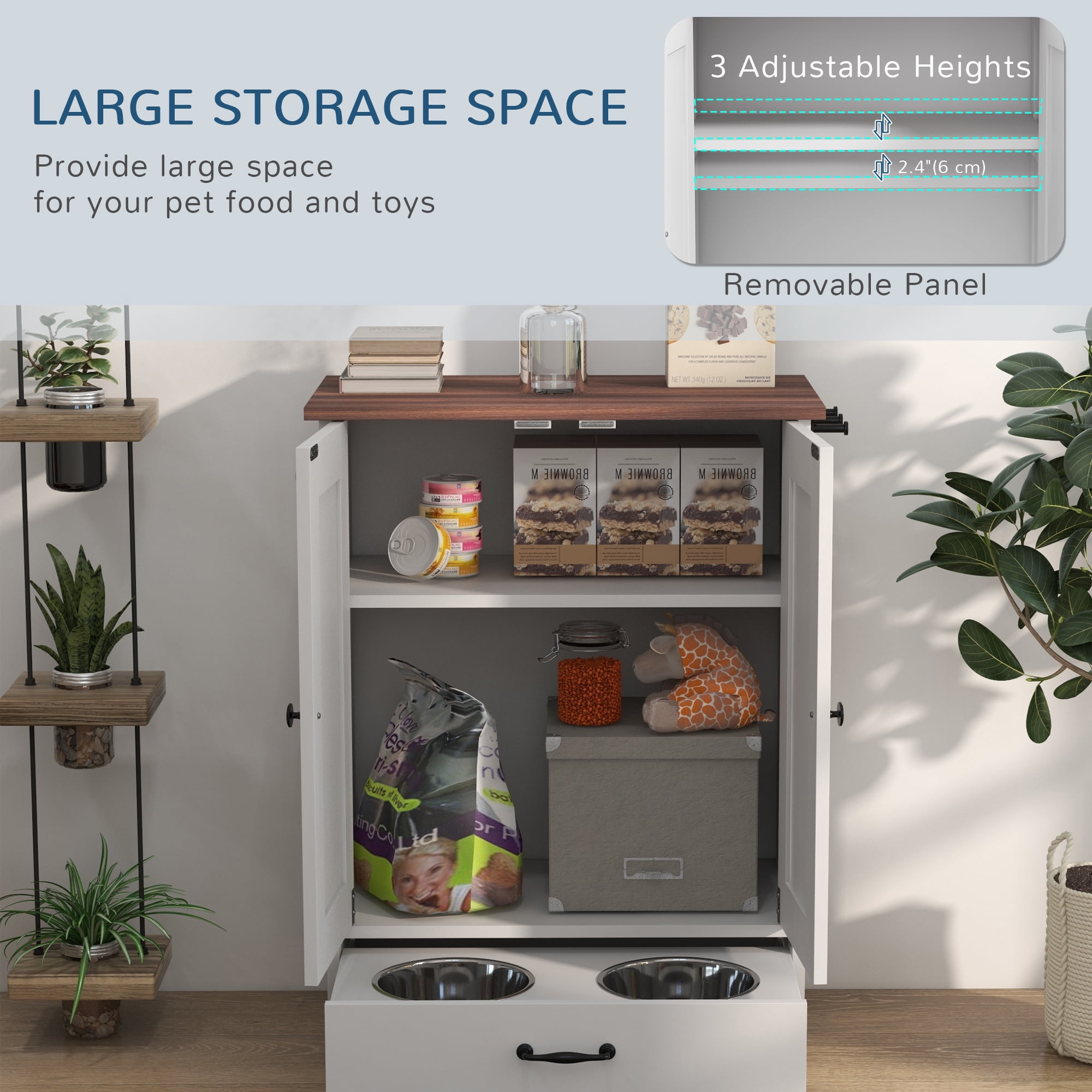 Dog Bed PawHut Dog Feeding Station, Dog Food Storage Cabinet with Hidden Dog Bowls, Adjustable Panel, Hooks for Medium Sized Dogs, White,Large Dog Bed