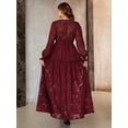 thumbnail image 2 of Burgundy Elegant Jacquard V-Neck Ruched Maxi Dress With Lantern Sleeves, 2 of 8