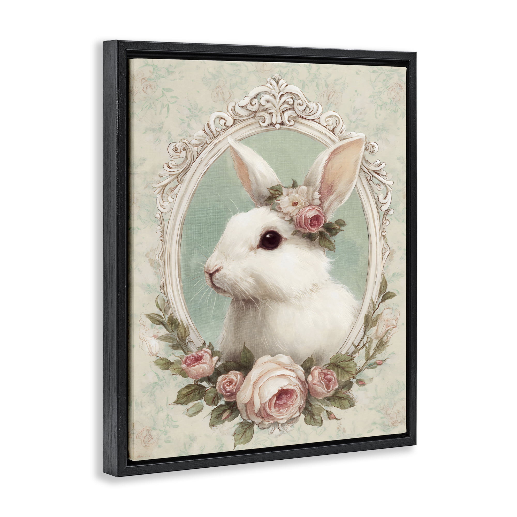 Stupell Industries Flower Fringed Bunny Portrait Black Framed Floater Canvas Wall Art, design by Ink Drop Loft