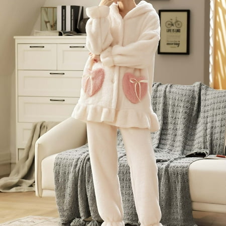 

SELONE Nightgowns Plus Size Lingerie Womens Long Sleeve Flannel with Pockets Coral Fleece Warm Pajamas Set Cardigan Hooded Rabbit Ears Homewear for Valentines Day Anniversary Wedding Honeymoon Beige M