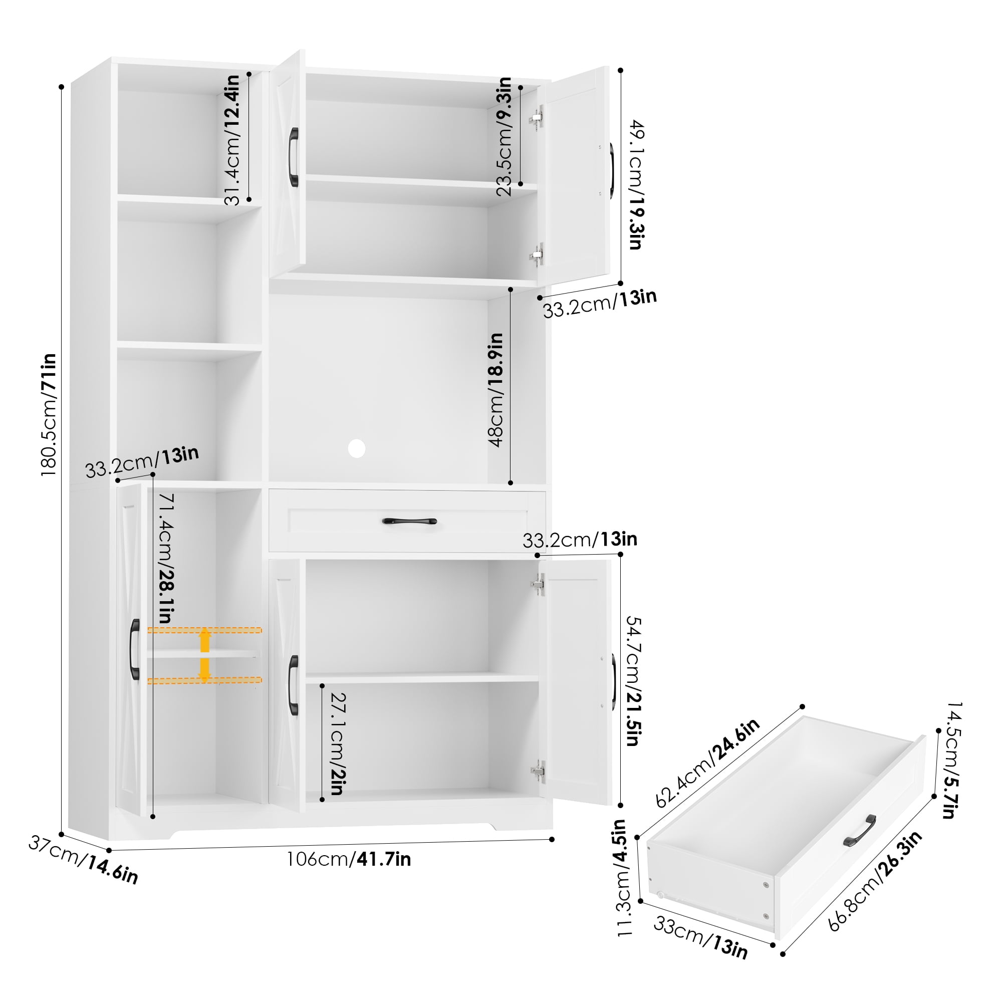 Hiphuta 71"Farmhouse Kitchen Pantry Storage Cabinet, Freestanding Hutch Cabinet with Microwave Stand, Sturdy Pantry Cabinet for Dining Room, White