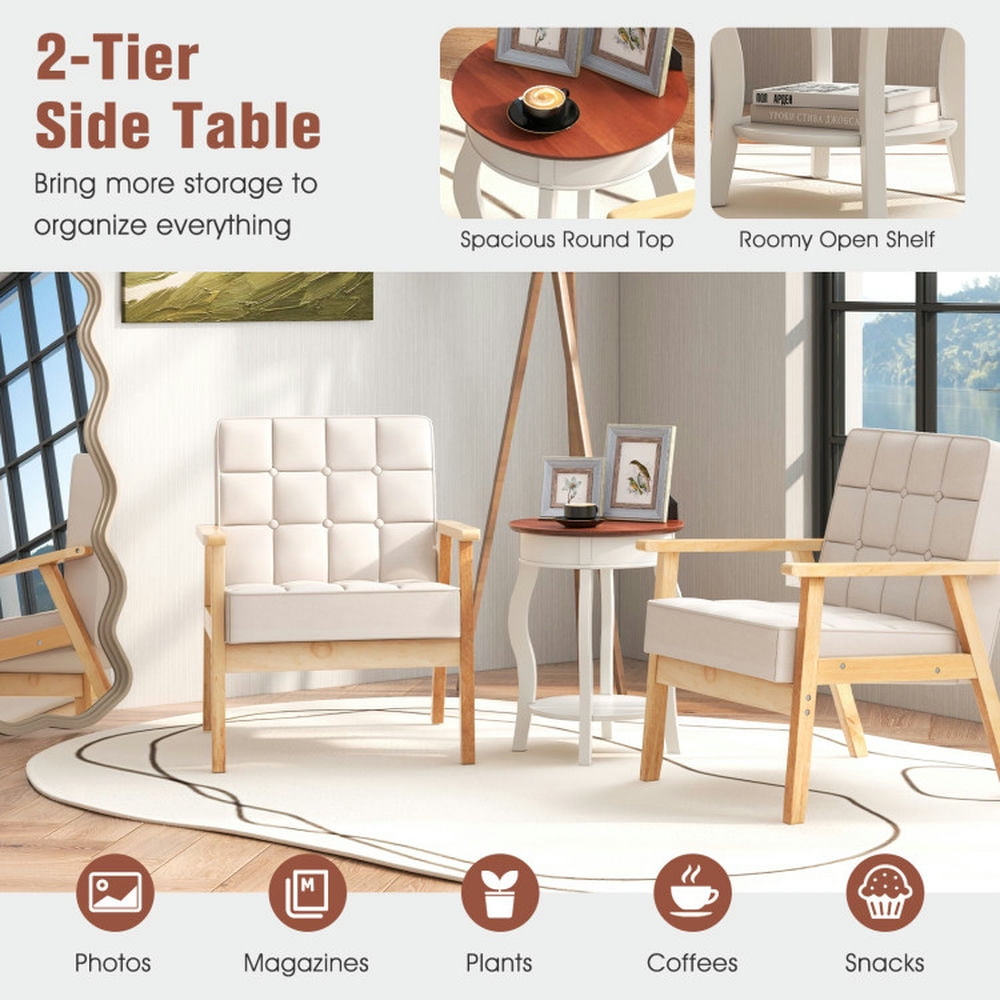 Finihen End Table, Round End Table, 2-Tier Round End Table with Storage Shelf and Solid Rubber Wood Legs, Sofa Side Table, Bed Side Table, for Living Room, Bedroom, Walnut & White Finihen End Table, Round End Table, 2-Tier Round End Table with Storage Shelf and Solid Rubber Wood Legs, Sofa Side Table, Bed Side Table, for Living Room, Bedroom, Walnut & White