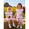 thumbnail image 6 of BemeyourBBs Toddler Baby Girl Summer Clothes Little Baby Girl Mothers Day Fathers Day Outfit I Love Mom Dad Letter Embroidery Flying Sleeve Striped Shirt Tops with Shorts Set Baby Girl Summer Outfit, 6 of 9