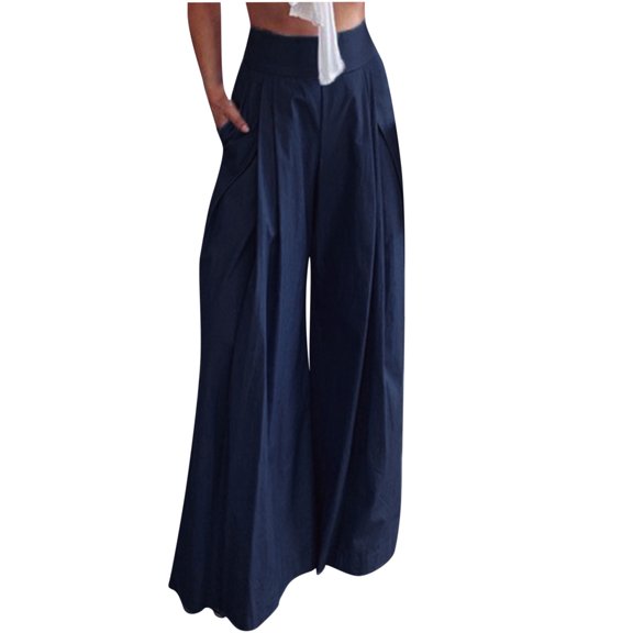 HBGVBA Women's Plus Size Wide Leg Pants,Solid High Waist Ruffle Pocket Loose Elegant Office Commute Casual Full Length Pants