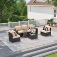 thumbnail image 6 of LazySunsets 6 Pieces Outdoor Wicker Patio Furniture Set, 8 Inch Widened Armrest Rattan Sectional Conversation Sofa with Beige Cushions & Glass Coffee Table, All Weather Backyard Garden Patio Set, 6 of 7