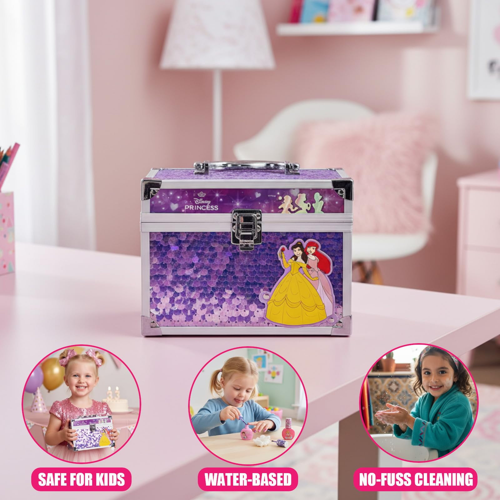 Disney Princess Train Case Makeup Set Toys for Girls Washable Makeup for Kids Pretend Play Makeup