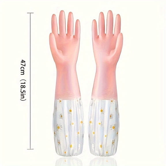 Pink Waterproof Long Sleeve Cleaning Gloves, Heat-Resistant PVC Rubber Gloves, Extended Arm Design with Hanging Loop, Reusable Household Gloves for Dishwashing, Kitchen and Bathroom Cleaning