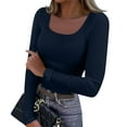 thumbnail image 2 of Womens Long Sleeve Shirts Square Neck Slim Fit Basic Tops Ribbed Thermal Undershirts Layering Tee Navy S, 2 of 5