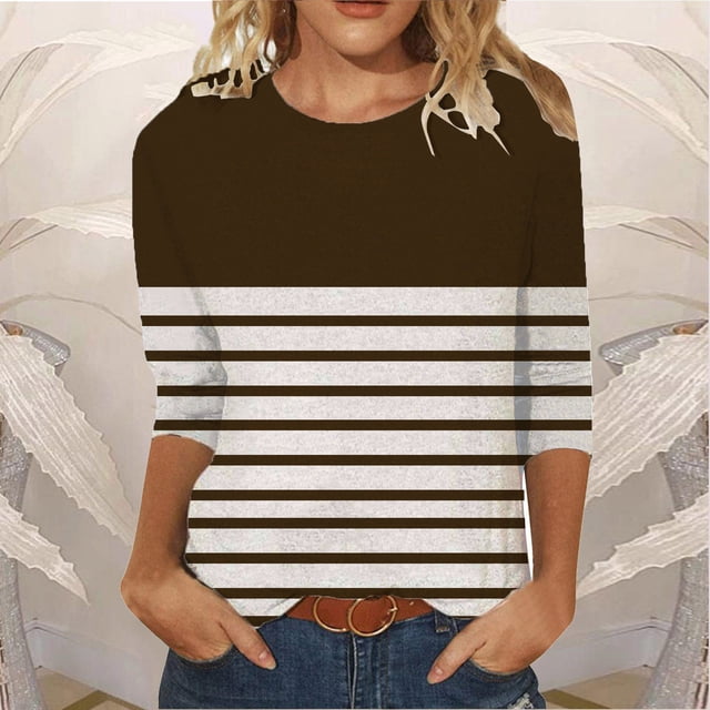 Meichang Chemises à Manches 3/4 pour Femmes Hauts à Rayures Color Block Col Rond T-Shirts Décontractés Chemises Coupe Ample Blouses de Travail Confortables Pull Mode 2024