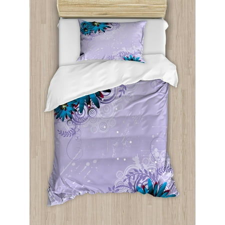 Floral Duvet Cover Set Graphic Ornamental Flowers On Lilac