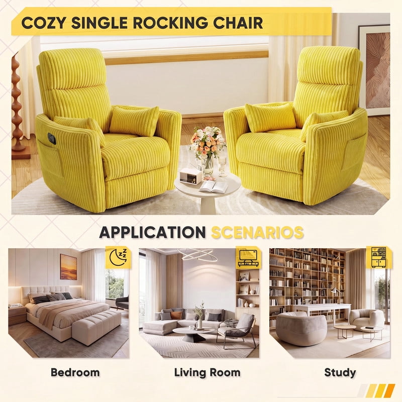 Furmax 360° Swivel Recliner Power Massage Rocker Chair Adult Glider Rocker with 2 Comfy Pillows for Nursery,Corduroy Yellow