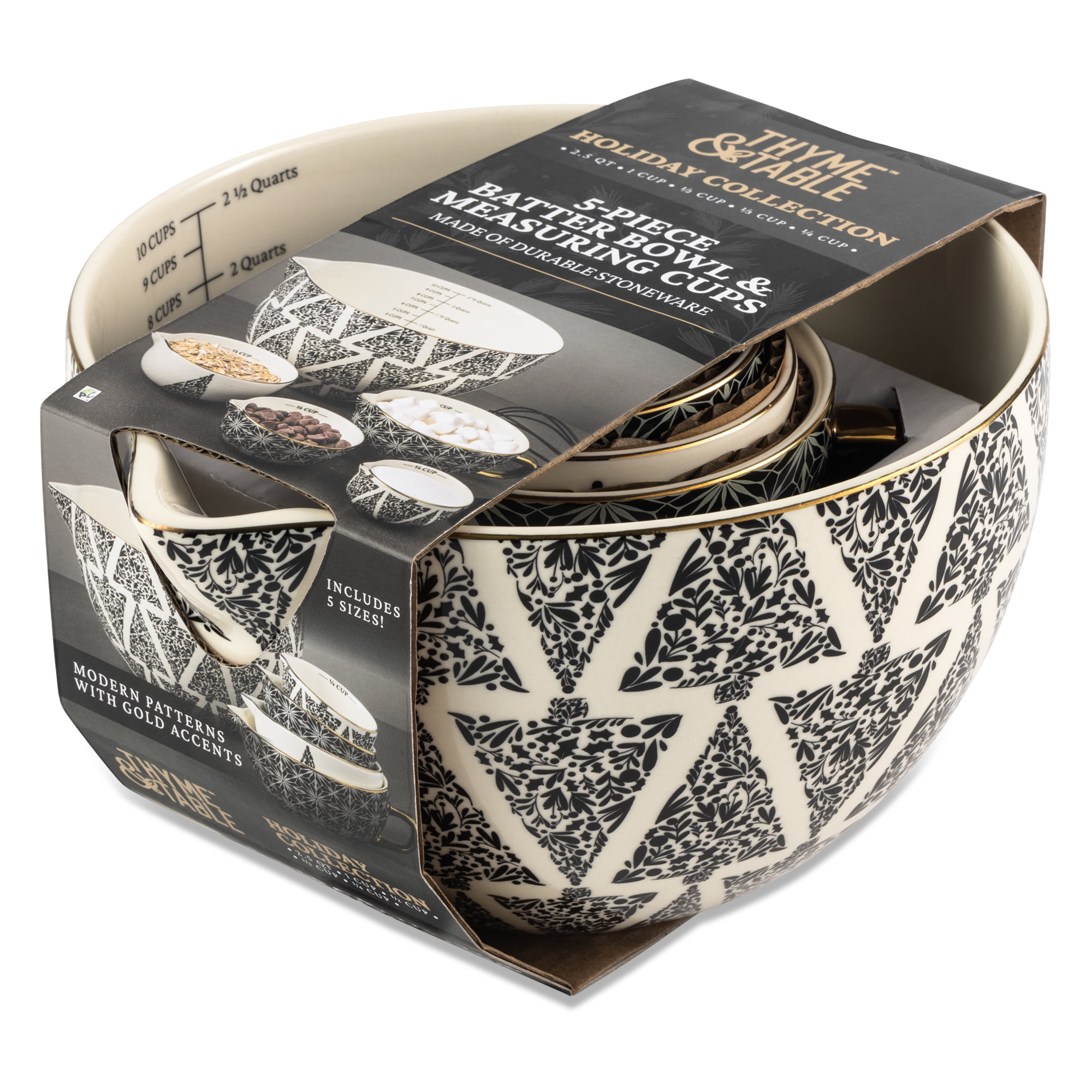 Thyme & Table, Ceramic Mixing Bowl and Measuring Cup Set, Tree Pattern