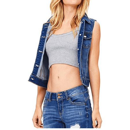 Classic Cowhide Vest - Women's Classic Sleeveless Cropped Denim Vest Fitted w/Pockets Short Jeans Vest