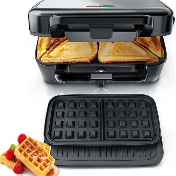 Sandwich Maker 3 In 1 Waffle Maker With Removable Plates,1200W Grilled Cheese Maker, 5-gear Temperature Control, Non-stick Coating Easy to Clean, Indicator Lights, Silver/Black