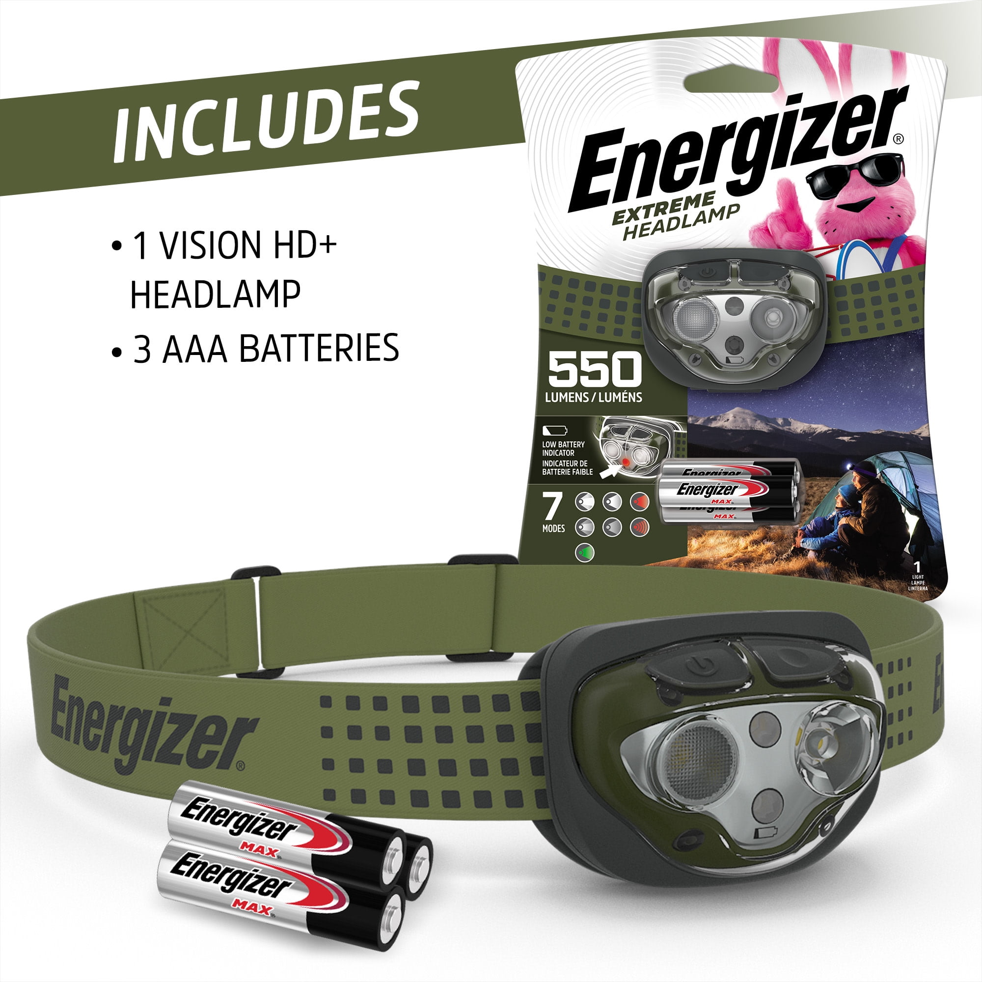 (2 pack) Energizer Vision Ultra HD LED Headlamp, Bright 550 Lumens, for Camping, Running, Jogging, Hunting, Hiking, Reading and Tactical Use, 3 AAA Batteries Included