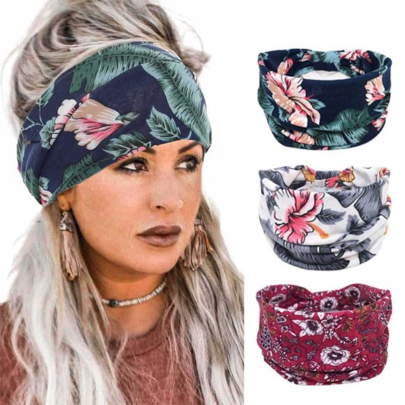 Aceorna Boho Bandeau Diademas con Nudo Ancho Banda para el Cabello Turbante elástico Envolturas para la Cabeza Accesorios para el Cabello de Moda para Mujeres 3 Piezas (Floral)