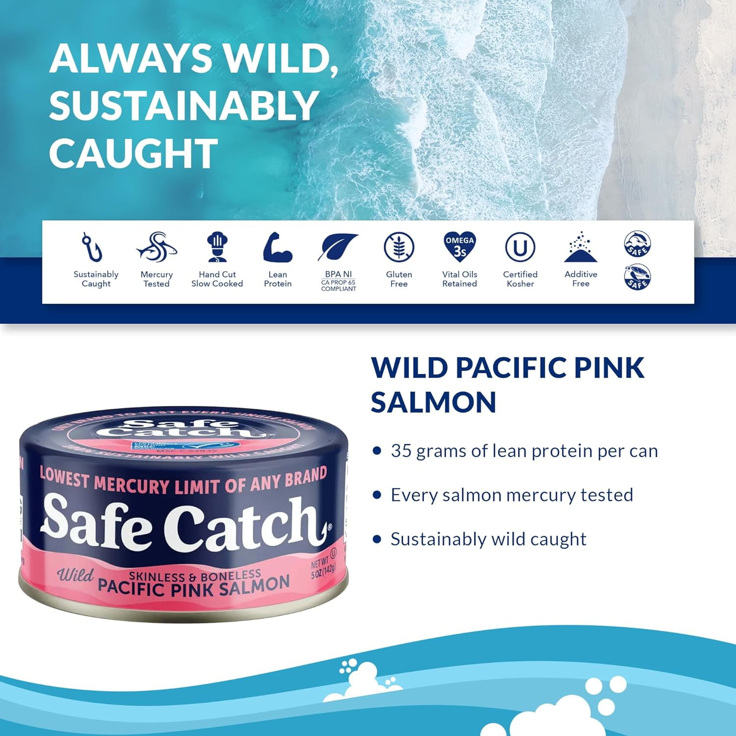 Safe Catch Wild Skinless & Boneless Pacific Pink Salmon, No Salt Added, 3 Pack, 5 oz Cans – Mercury Tested Canned Salmon