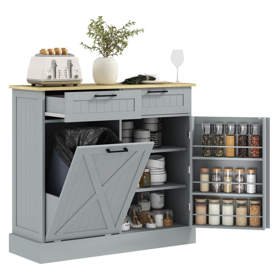 10 Gallon Kitchen Trash Cabinet, Farmhouse Tilt Out Trash Can Cabinet with Drawers, Gray Kitchen Storage - Spice Rack & Sideboard