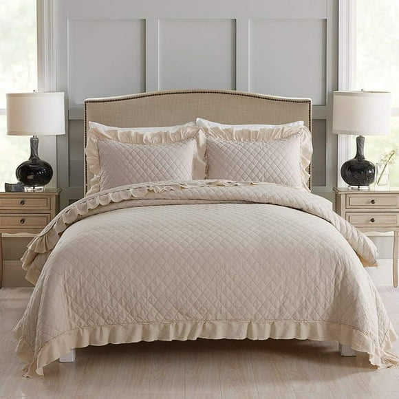 JML Quilts Queen Size, Stone Washed Microfiber 3 Pieces Bedspreads Coverlet with Ruffle - Super Soft, 320GSM Oversized Vintage Quilt Set, Beige