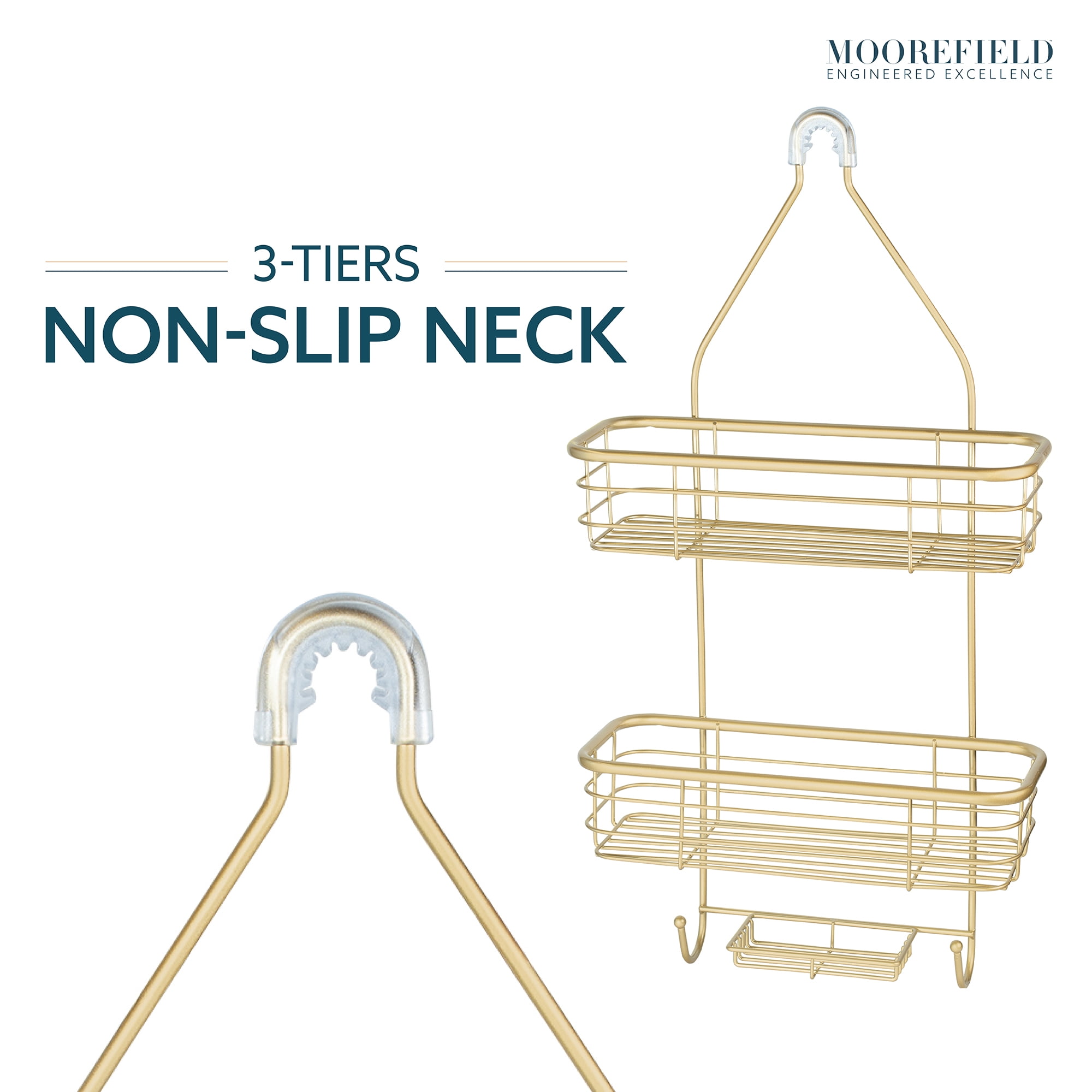 Moorefield 3-Tier Hanging Shower Caddy with Suction Cups, Non-Slip Neck, Bathroom Organizer, Gold
