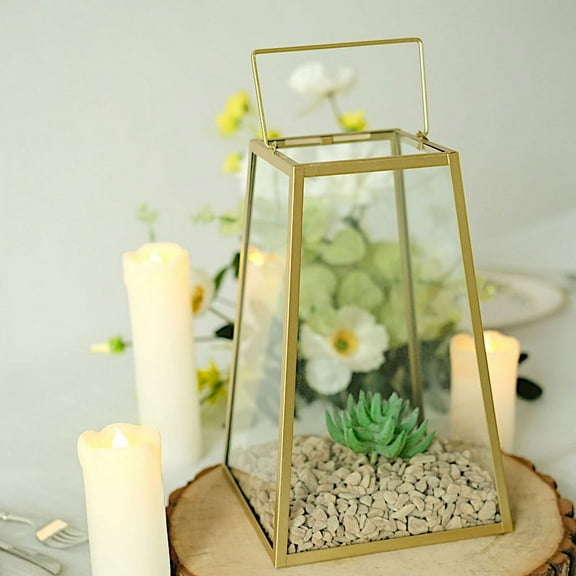 BalsaCircle Gold Clear 10" Glass Geometric Metal Lantern Candle Holder Party Events Decorations Supplies
