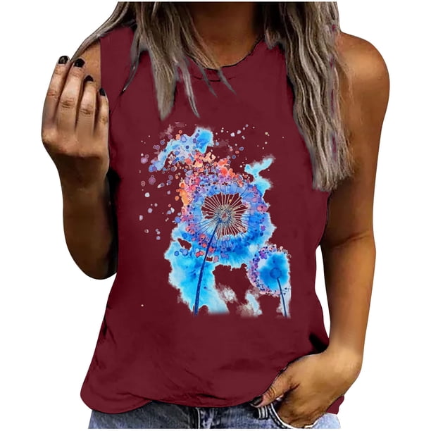 Camiseta holgada sin mangas con cuello redondo y estampado de flores informales de verano para mujer Pompotops lopia994244
