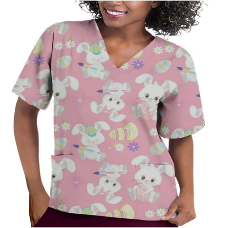 

Women Summer Scrub Tops Easter Cute Print Short Sleeve V-Neck Working Uniform Casual Comfy Blouse Shirts with Pockets