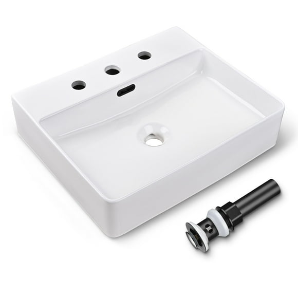 Aquaterior Évier de Salle de Bain Rectangulaire 20 Pouces en Verre Blanc au-Dessus du Comptoir avec Bassin en Céramique