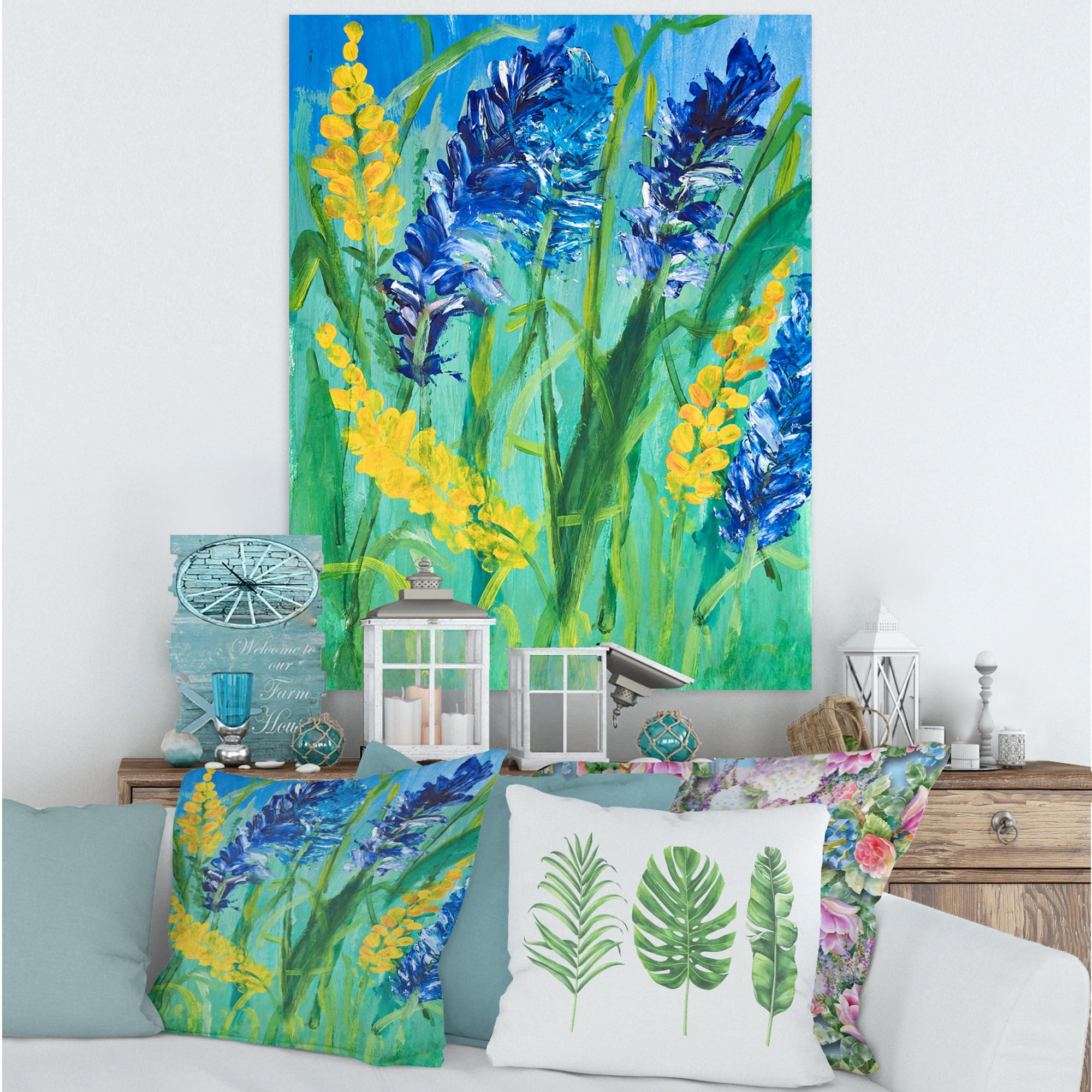Designart ' Yellow and Blue Wild Flowers and Grass Gouache ' Traditional Canvas Wall Art Print