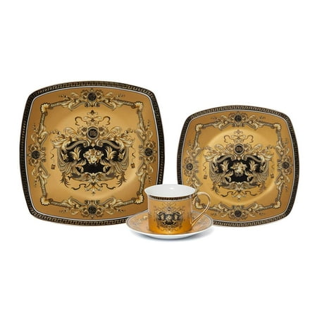 - Royalty Porcelain Fancy Square Greek Key 4-pc Place Setting 'Medusa Yellow', Premium Bone China