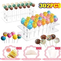 2 Pcs Cake Pop Stand, 2 Tier Clear Square Lollipop Holder, 21 Holes Cake Pop Holder with 300 Pcs Accessories for Birthday, Wedding, Party