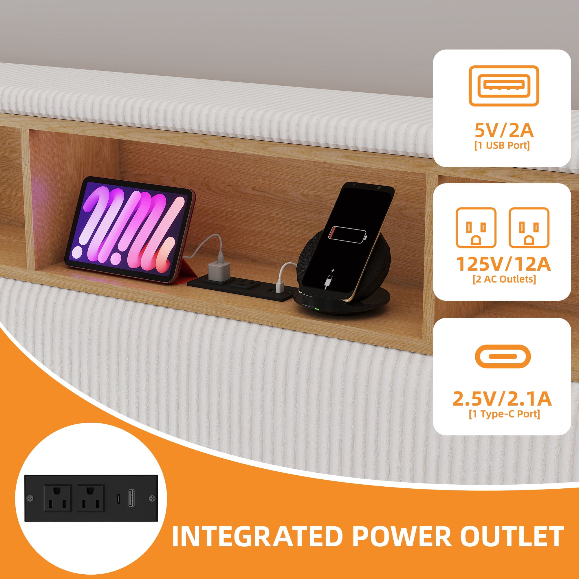 Craftian King Size Upholstered Bed Frame with LED Lights & Charging Station, Platform Bed Frame with Tall Headboard, White