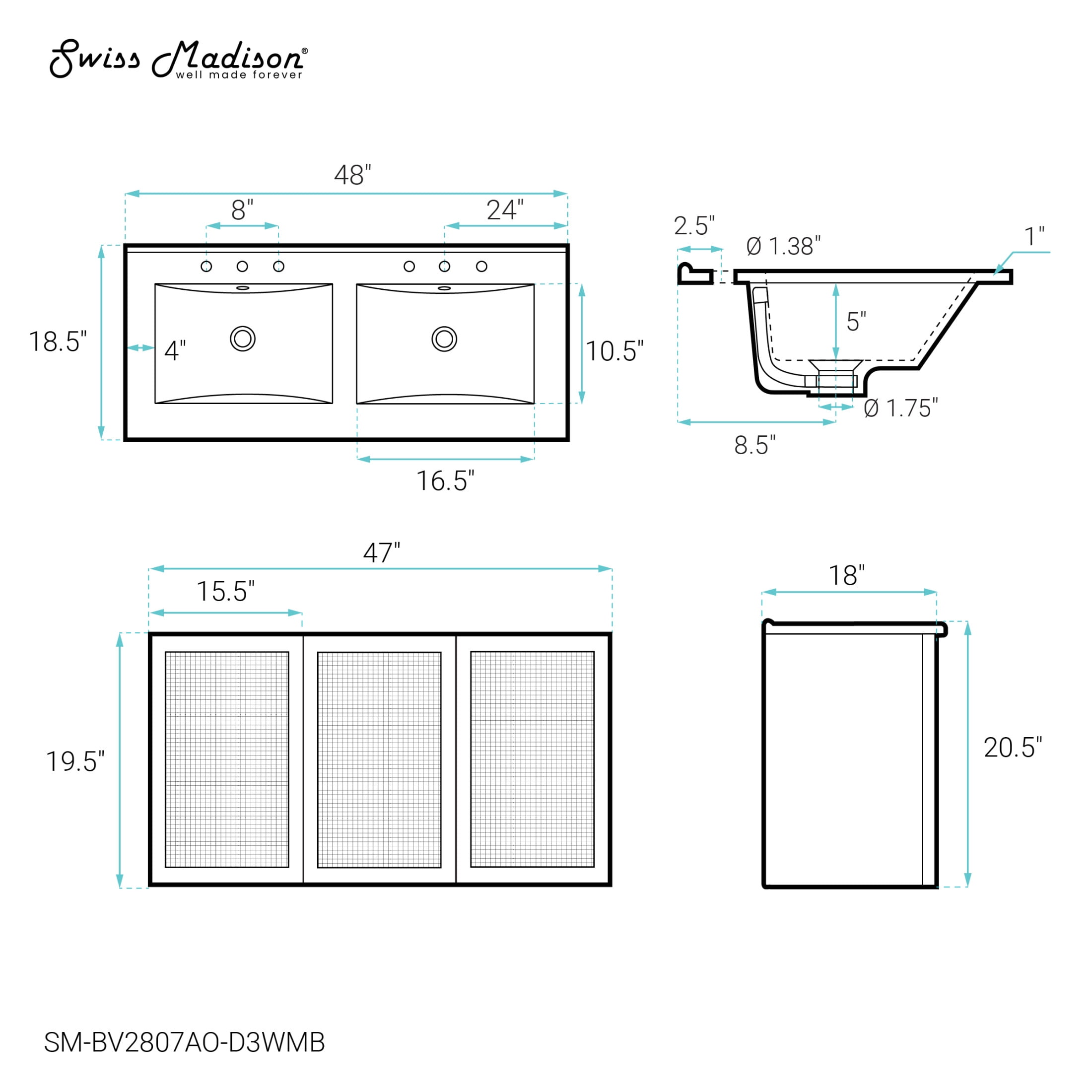 Classe 48" Wall-Mounted Bathroom Vanity in Black Oak with Black 3-Hole Widespread Double Basin Sink Top
