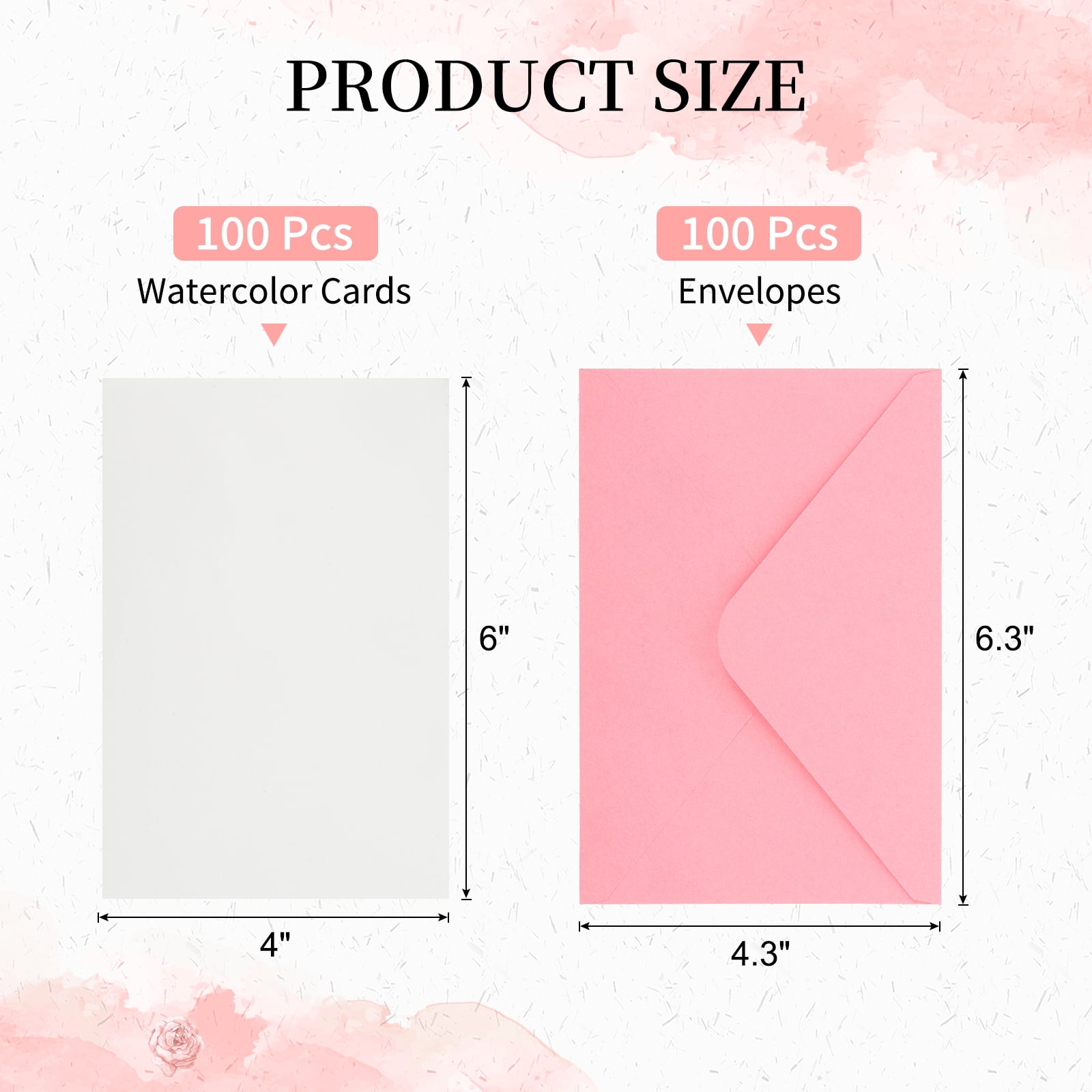 4x6 Inch Pure Cotton Watercolor Cards, 100 Sets Postcards with Envelopes 92lb/250 GSM for Art Painting Creative Thank Notes, Pink