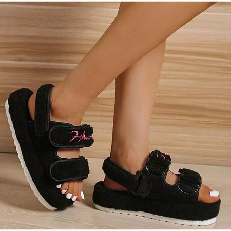 

QWZNDZGR 2022 Fur Sandals Women Summer Thick Flat Slides Outdoor Sandals Girl Fashion Casual Beach Shoes Ladies Open-Toe Plus Size Shoes