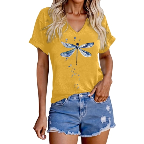 T Shirts for Women Stylish Print Short Sleeve V-Neck Top Casual Wear Womens Graphic Tees L