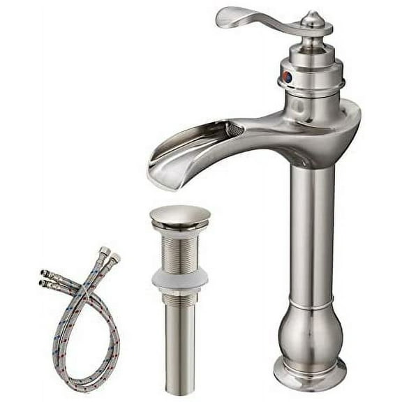 BWE Vessel Sink Faucet with Drain Assembly and Supply Hose Lead-Free Single-Handle Single Hole Bathroom Faucet Waterfall Lavatory Mixer Tap Brushed Nickel Tall Body