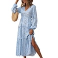 thumbnail image 1 of Vestido largo de mujer con cuello en V y volantes, cintura alta, manga larga tipo farol, vestido floral con abertura lateral izquierda para fiesta diaria, azul L, 1 of 6