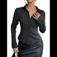 thumbnail image 3 of Camisa Corta A Rayas con Botones para Mujer, Blusa Ajustada de Larga, Camisa de Trabajo Negro S, 3 of 10