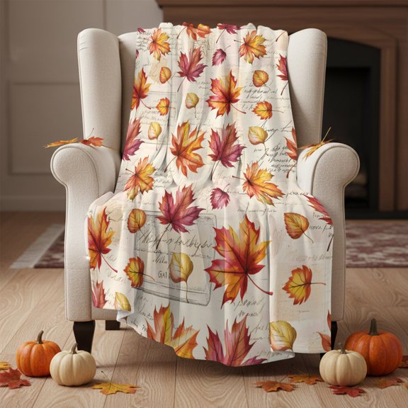 Fleece Blanket Thanksgiving Farm Maple Leaves Blankets,Soft Cozy Warm Flannel Throw Blanket,Autumn Leaf Retro Letter Blanket for Bed Couch Sofa 30x40in