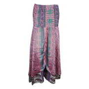 Mogul Womens Beach Dress Pink Strapless Smocked Bodice Silk Sari Two Layer Maxi Skirt