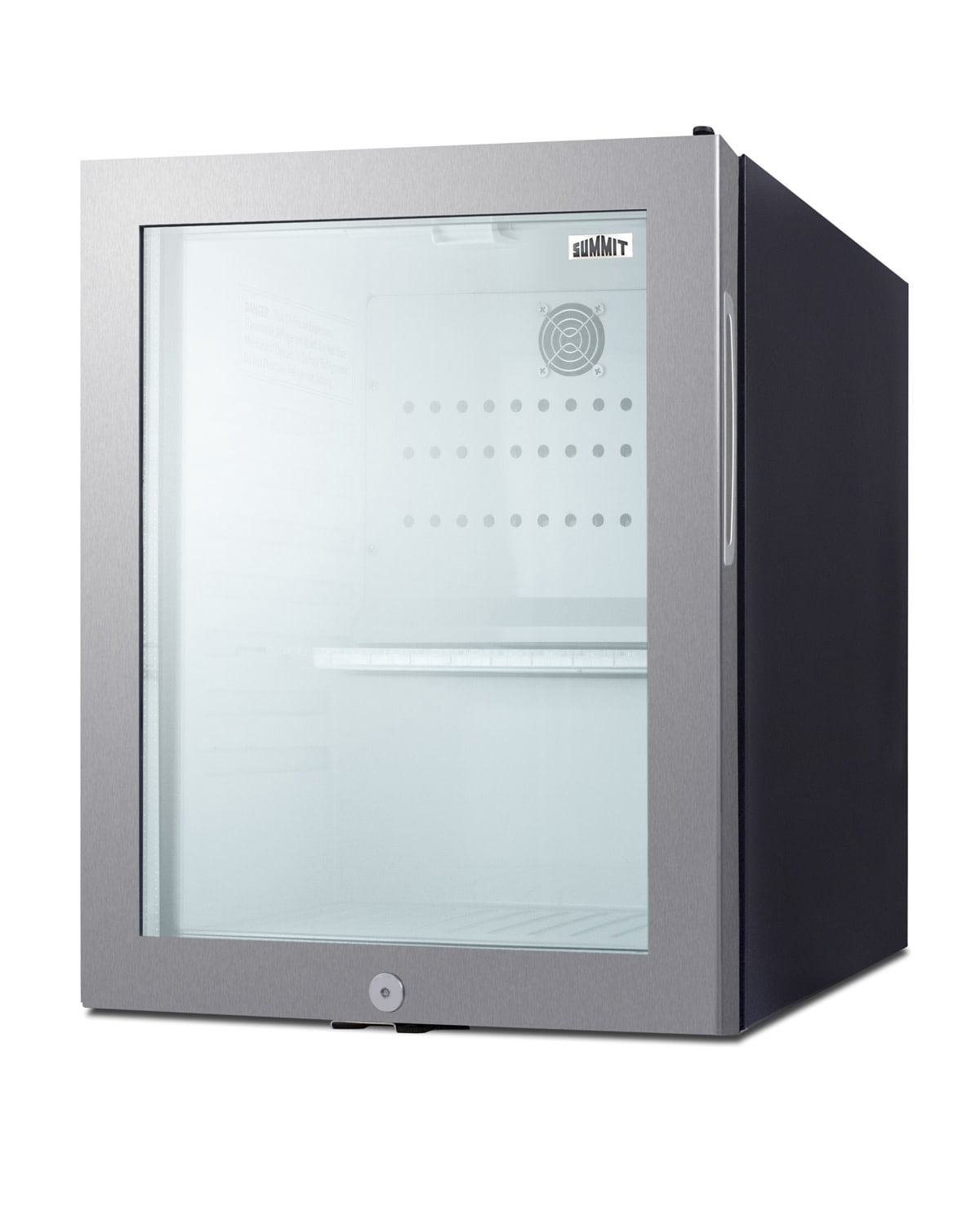 Commercially listed 5.5 cu.ft. counter height beverage center in a 24" footprint, with black cabinet, glass door, thin stainless steel handle, and lock