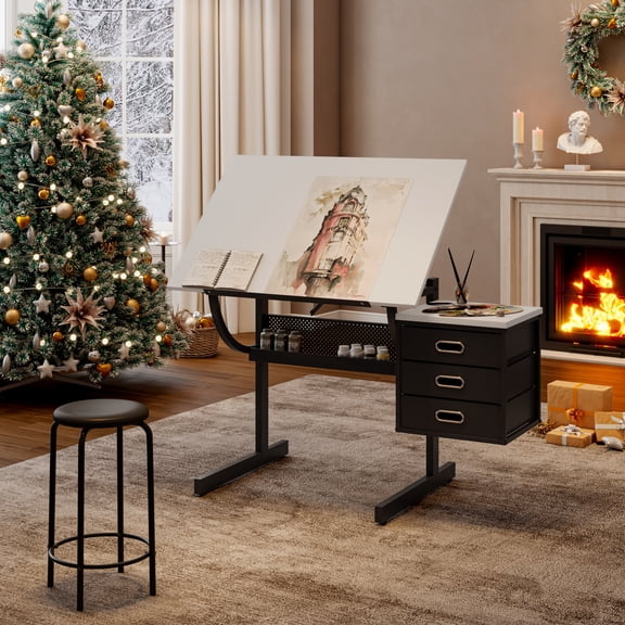 Qiushi Wood Drafting Table and Stool Set for Adults, Adjustable Tilted Tabletop Craft Table Drawing Table Artist Desk with 3 Storage Drawers for Home Office School (White Black)