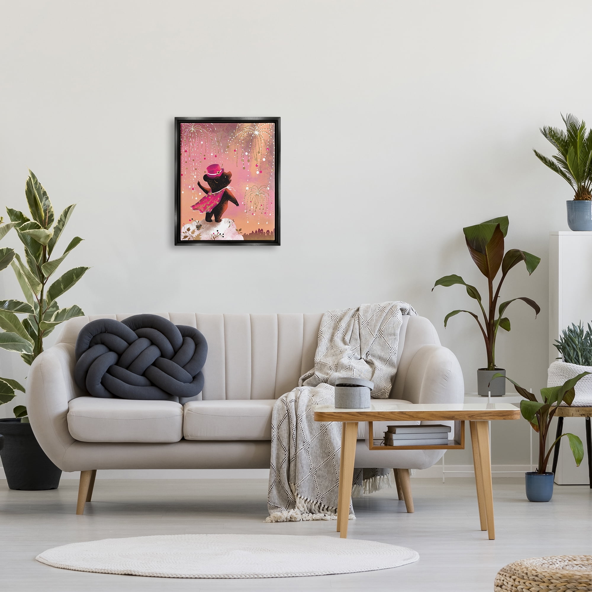 Stupell Industries Whimsical Bear with Fireworks Animals & Insects Painting Black Floater Framed Canvas Art Print Wall Art, 17 x 21