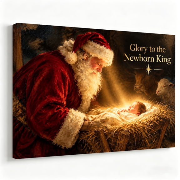 Aelyqur Art Dark Moody Festive Traditional Santa Claus Baby Jesus Framed Canvas Wall Art 12x8