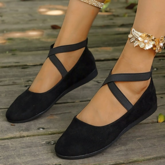 CPNG Women's Solid Color Shoes Comfortable Fashion Elastic Ankle Straps Flats Shoes with Elastic Ankle Straps Dressy Ballerina Style Closed Toe Casual Flat