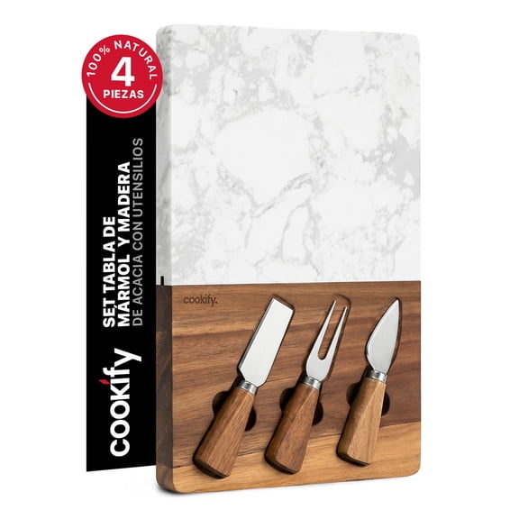 Set Tabla Rectangular de Madera y Mármol COOKIFY con Utensilios. Bandeja para Charcutería, Quesos, Carnes Frías y Aperitivos