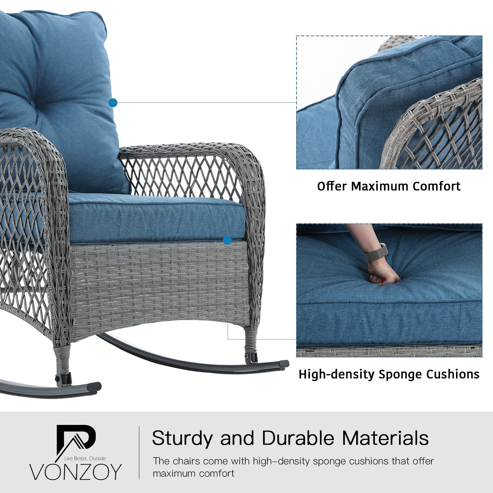 ELPOSUN 3-Piece Outdoor Rocking Chairs, Wicker Patio Furniture with Thickened Cushions and Table for Porch